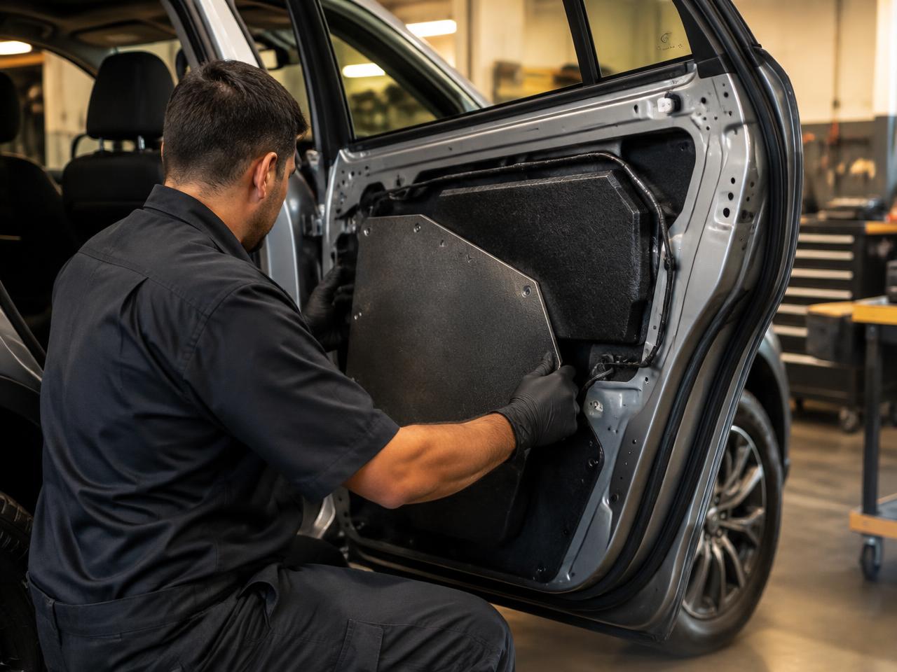 Técnico instalando a blindagem opaca na porta de um SUV